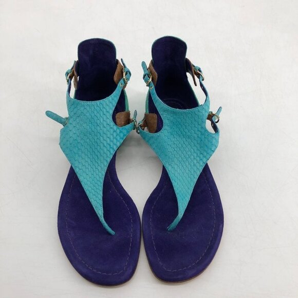 Brian Atwood leather colorblock teal purple brown strappy  caprese thong sandals - Picture 10 of 11